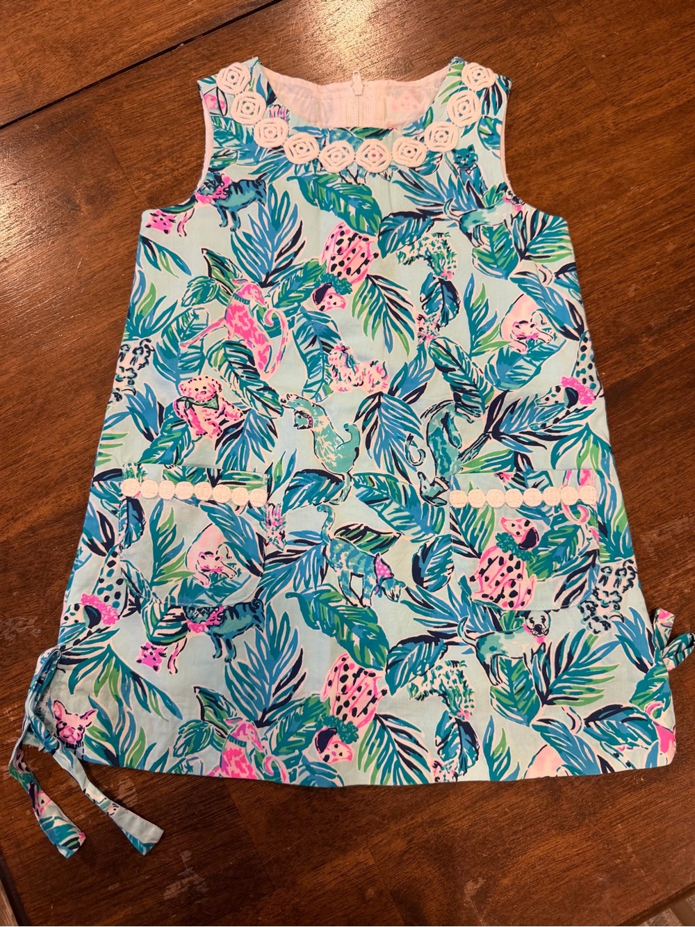Lilly Pulitzer Girls Tropical Leaf Shift Dress - Blue & Pink